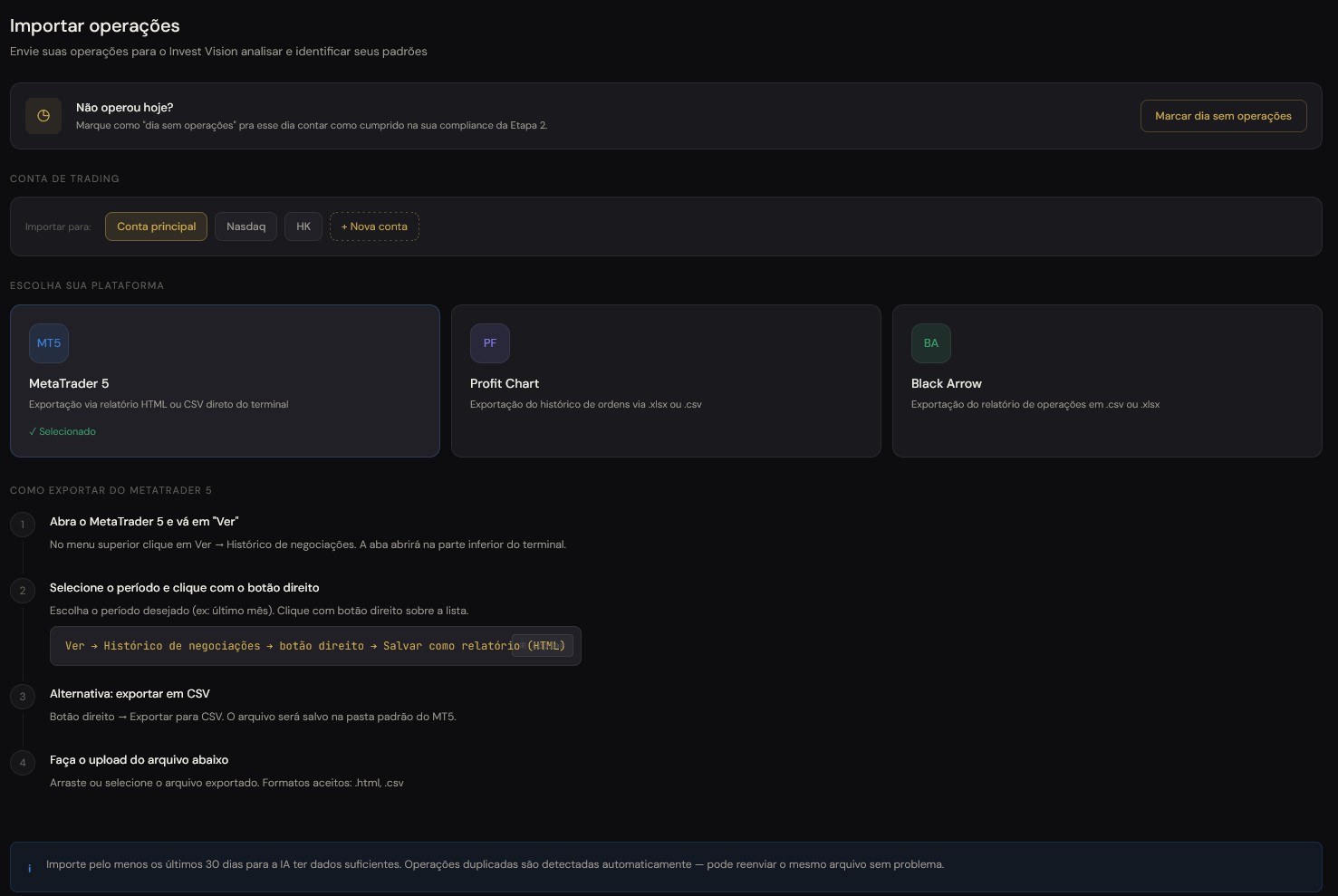 Tela de importação de operações da Invest Vision